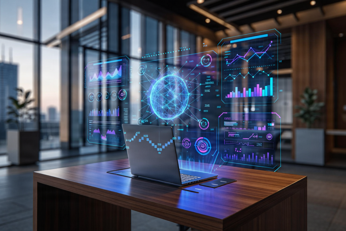 Futuristic AI automation workspace with holographic interfaces and a professional setting, representing high-end technology and business scaling.