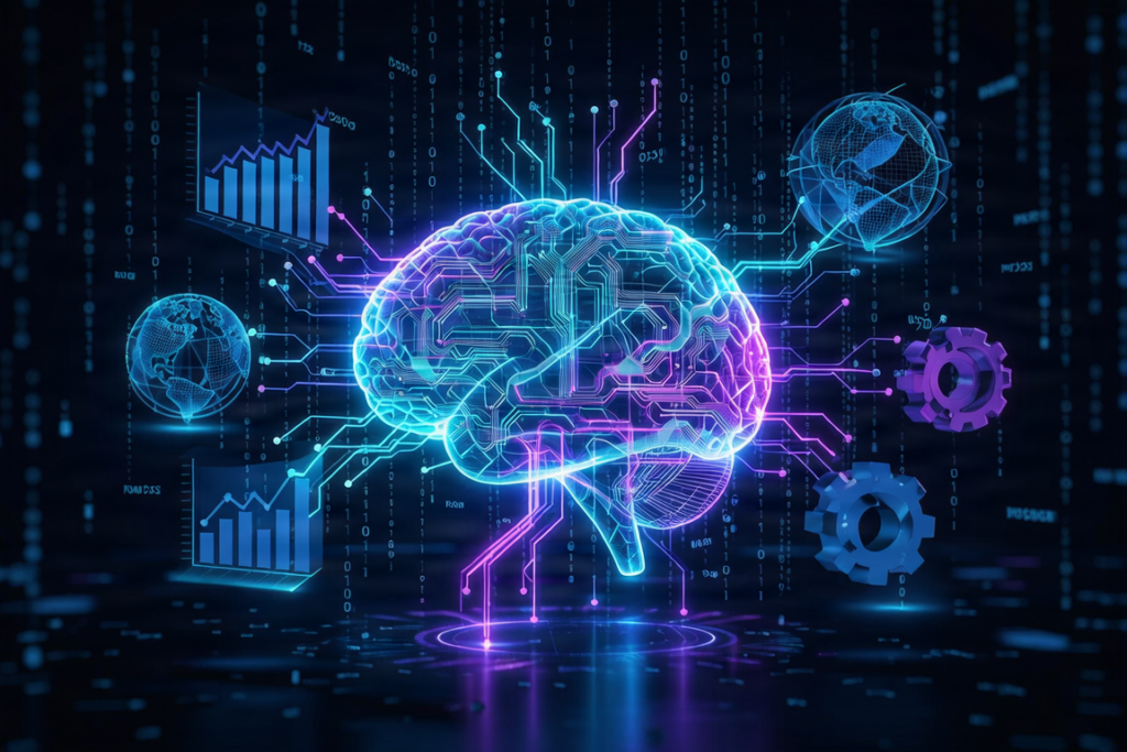 Futuristic AI revolution concept showing a digital brain connected to global business networks, representing the impact of AI in 2026.